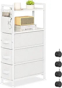 Oppro 3 Drawer Small Narrow Side End Table for Small Spaces, Slim Nightstand Bedside Sofa Table with Wheels, Space Saving Skinny Thin Couch Desk with Storage Bag for Bedroom Living Room Bathroom,White