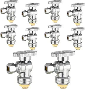 10-PCs HeSun Push-Fit Angle Stop Valve, 1/2" Push x 3/8" OD Compression Angle Stop, 1/4 Turn Water Shut Off Valve for Bathroom with Disconnect Clip Tool(PF-VALVE028-10)