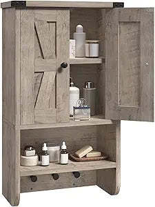 MAHANCRIS Bathroom Wall Cabinet, Farmhouse Medicine Cabinet with Adjustable Shelf, 3-Tier Wall-Mounted Storage Cabinet with 3 Hooks and Open Shelf, for Bathroom, Living Room, Kitchen, Greige