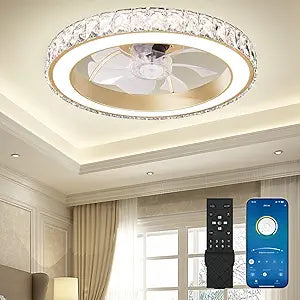 Aipsun Low Profile Modern Crystal Chandelier Ceiling Fans with Lights and Remote, 3000K-6500K Smart Bladeless LED Fan Light, 18" Gold Modern Ceiling Fans with Lights for Bedroom