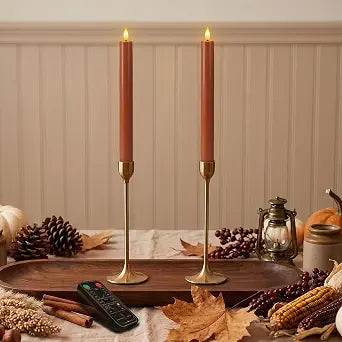 Homemory 9.6 Inch Real Wax Flameless Taper Candles, Terracotta LED Candlesticks 2 Pcs with 3D Flame Remote and Timer, Battery Operated for Thanksgiving Mother's Day Teacher Appreciation Gifts
