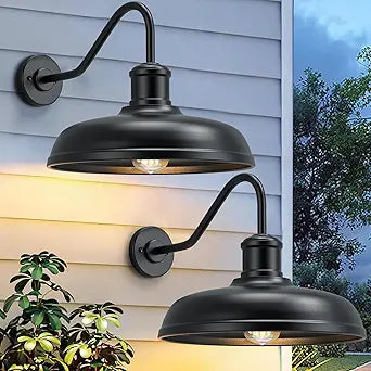 16 Inch Dome Gooseneck Barn Light Outdoor, Large Farmhouse Exterior Light Fixture Wall Mount, Industrial Outdoor Wall Sconce Outside Lantern for House, Porch, Garage, Entryway, Black (No Sensor)