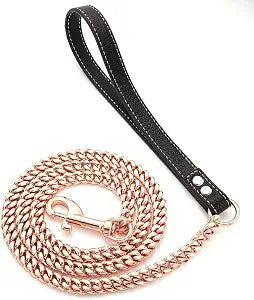 Rose Gold Chain Dog Leash Heavy Duty 3FT/4FT/5FT Stainless Steel Metal Training Walking,Easy Hook,Leather Handle,Chewy, 10mm/14mm Cuban Link Leash for Large Medium Small Dogs(10mm, 5FT)