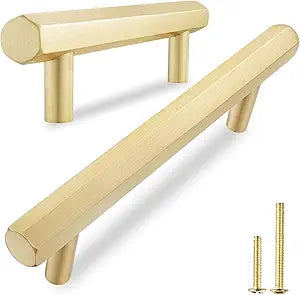 QOGRISUN 5-Pack Solid Brass Cabinet Pulls Hexagon Drawer Handles, 3-Inch Hole Center, Suitable for Kitchen Bathroom Dresser Cupboard Hardware, 4.9-Inch Total Length, Brushed Finish
