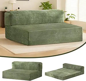 6-inch Folding Sofa BedConvertible Floor Chiar & Couch Bed with Removable Corduroy Cover & Carry Handles, High-Density Foam (Green, Queen)