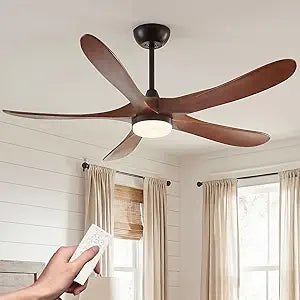 52" Solid Wood Ceiling Fan with LED Light & Remote Control, Indoor/Outdoor 5-Blade Quiet DC Motor for Patio Bedroom Living Room, Modern Farmhouse Style