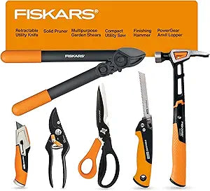 Fiskars Home Essentials Tool Kit with PowerGear Lopper, Shears, Bypass Pruner, Folding Saw with 2 Blades, IsoCore Hammer, and Utility Knife, for Indoor Use and Outdoor Gardening (6 Piece Kit)