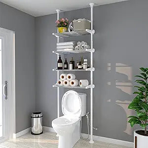 4-Tier Over The Toilet Storage Shelf, 4.5-9.5 FT Adjustable Bathroom Organizer, Heavy Duty Metal Shelves Above Behind Toilet Laundry, Space-Saving Shelving for Small Rooms, No Drill, White