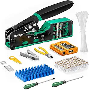 Ethernet crimping tool kit RJ45 crimp tool, Cat5 Cat6 Pass Through Crimping Tool for Network Cable Tester, Multiply Stripper, 50PCS Cat 6 Pass Through Connectors and Strain Relief Boots