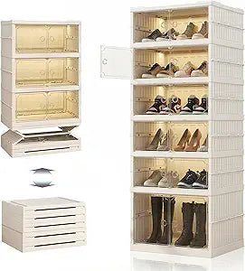 Folding Shoe Storage Cabinet with Clear Magnetic Doors, 6-Tier No-Assembly Shoe Rack Organizer, Stackable Large Capacity Shoe Box for Entryway, Closet, Fits Boots & Sneakers