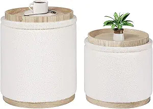 B FSOBEIIALEO Storage Ottoman Round Boucle Ottomans with Tray, Set of 2 Teddy Foot Rest Ottoman Cube with Storage for Living Room, Cream White 15"x15"x16.9"