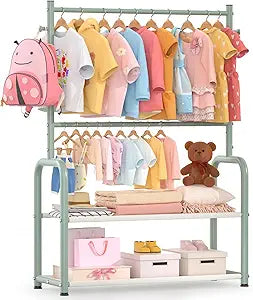 Kids Clothing Rack with 2-Layer Storage Shelf and 2 Adjustable Hanging Rods, Dress Up Rack for Hanging Clothes,Dress up Storage for Baby Toddle Kids(Classic, Green)