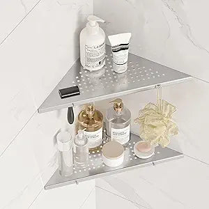 Qeke 10" Bathroom Corner Shelf, 2 Pack Recessed Shower Shelf Caddy, SUS304 Stainless Steel Shelf Wall Mount Triangular, No Drilling Brushed Nickel