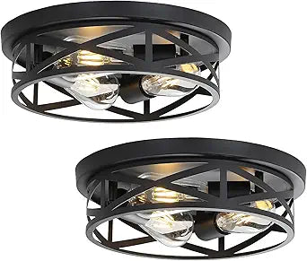 2 Pack Close to Ceiling Light Fixtures, 13 Inch Farmhouse Metal Cage Flush Mount Ceiling Light 3-Lights, Black Industrial Semi Flush Mount Ceiling Light for House Hallway Kitchen Bedroom