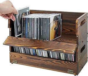 MyGift 2 Pcs CD Rack, Stackable CD Storage Boxes with Cutout Handles and Magnetic Flap Closure, DVD Organizer Holder, Rustic Burnt Wood