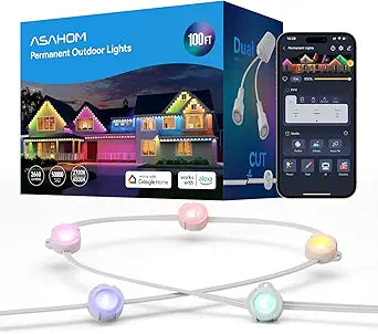 ASAHOM AI Permanent Outdoor Lights S107B, 100FT with 72 RGBCW LED Lights, 30,000 Lighting Effect, Controller with Dual Output, Extend to 800FT, Cuttable for House Outdoor Decor Daily Lighting, White