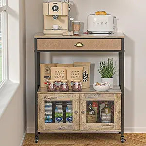X-cosrack Large Coffee Bar Cabinet3 Tiers Kitchen Coffee Cart with Drawer for The Home, Movable Farmhouse Station Table on Wheels for Living Room, Entryway, Dining Room, Kitchen