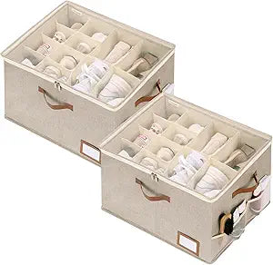 StorageWorks Shoe Organizer for Closet, 2 Pack Shoe Storage Boxes with Clear Lid, Stackable Shoe Storage Organizer for Sandals and Slippers, Fabric Shoe Bins for Closet, Holds 1632 Pairs, Taupe