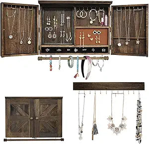 Rustic Wall Mounted Jewelry Organizer,Vintage Wooden Hanging Jewelry Holder Box with Barndoor Decor for Necklaces, Earings, Bracelets, Rings, Accessories. Includes Hook Organizer