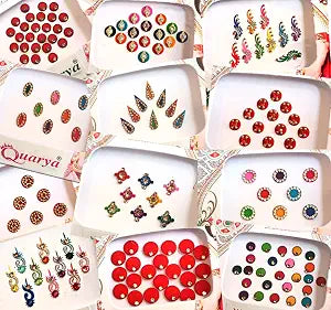 Indian Designer Multicolour Bindi Pack of 5 | Glitter Sparkle Crystal Diamond Stone Bindis | Self-Adhesive Forehead Stickers | Reusable Body Art Jewel | Diwali Karwa Chouth Halloween Acc