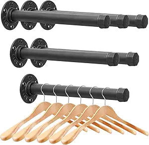 Cast Iron Wall Mounted Clothes Rack, Heavy Duty Industrial Pipe Clothing Rack for Hanging Clothes, Garment Racks for Wardrobe Organizers and Storage, DIY Closet Rods Closet Bar (Black 6 Pack, 12 in)