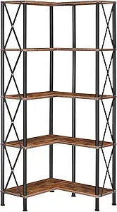 HOOBRO Corner Bookshelf, 5-Tier L-Shaped Bookcase, Industrial Open Display Shelf Tall Storage Organizer, Vertical Storage Rack, for Living Room, Home Office, Rustic Brown and Black BF60SJ01