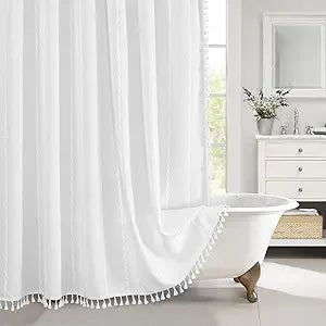 MitoVilla Boho Farmhouse Shower Curtains for Modern Farmhouse Bathroom Decor, White Country Thick Polyester Linen Fabric Shower Curtain, Rustic Tassel Cloth Shower Curtain, 72 x 72, White
