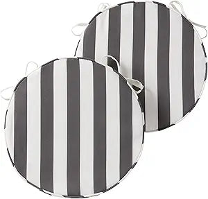 Set of 2 Outdoor 18 inch Round Patio Dining Chair Pads  Comfortable Fiber-Filled Seat Cushions with Ties, Reversible Polyester Fabric - Canopy Stripe Gray