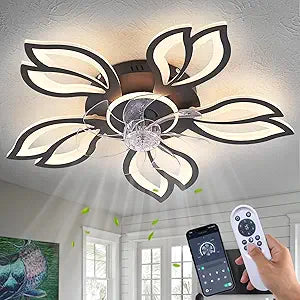 Dalouguan Ceiling Fan with Lights Remote Control, 26" Black Low Profile Ceiling Fan with Light, Modern Leaf Geometric Flush Mount Ceiling Fan for Kitchen Bedroom