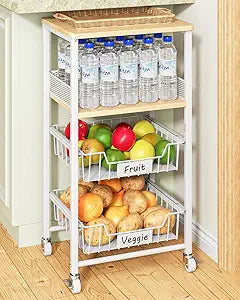 Giwil Vegetable Fruit Basket for Kitchen Pantry Organizers Storage, 4-Tier Utility Rolling Cart on Wheels with Wood Rack and Drawer Wire Baskets for Onions Potatoes Snacks, White