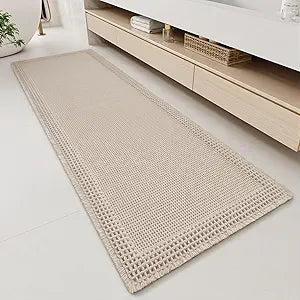 RESARE Waffle Bathroom Runner Rugs, Super Absorbent Bath Mat Non Slip Washable Quick Dry, Upgraded Ultra Soft Boho Bath Rugs with Tassels, Farmhouse Home Decor Accessories, 2'x6'(24"x72") Pale Beige