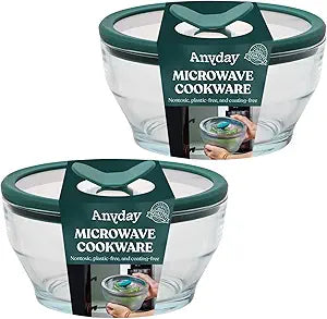 Anyday 2-Pack (4-Cup Deep) Glass Food Storage with Glass Lids | Plastic-Free Meal Prep & Microwave Cookware | Stackable Airtight Storage Container with Vented Lid for Microwave-Safe Reheating