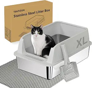 TENTIZON 2 Pack Stainless Steel Cat Litter Box, XL Large Metal Kitty Litterbox with High Side Lids, Litter Mat, Scooper for Big Cats, Multi Cats, No Odor, No Mess, Leak Proof, Easy Clean, Non Stick