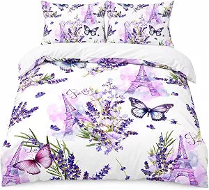 AILONEN Purple Butterfly Duvet Cover Set Queen Size, Lavender Floral Comforter Cover Set,Eiffel Tower Butterflies Bedding Set for Girls Women, 3 Pieces, 1 Quilt Cover and 2 Pillowcases