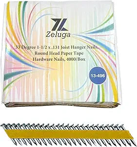 Zeluga 13-496 Joist Hanger Nails, Round Head Paper Tape, 33-1/2 Degree, Smooth Shank, Bright Finish Nails for Metal Connector Nailers, 1-1/2-Inch x .131-Inch, 4000 Count