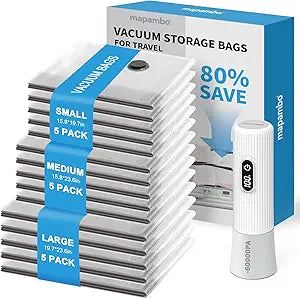 Mapambo Travel Vacuum Bags with -60000Pa LED Electric Pump, 15 Pack Vacuum Seal Bags for Clothing Travel in 3 Combo sizes, Space Saver Vacuum Storage Bags, Saving up to 80% of Space (15 Combo-Size)