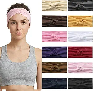 12 Pcs Stretchy Sport Headbands for Women,Absorbed Sport Headband Soft Twist Knotted Headbands for Yoga, Workout Daily Life