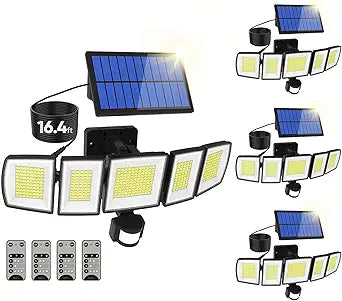 MDCMDCM Solar Motion Lights Outdoor - with 16.4ft Cable, 3000LM LED Security Lights for Outside Dusk to Dawn, IP65 Waterproof Flood Lights with Remote for Court Yard Garage Front Door (Classic, 4)