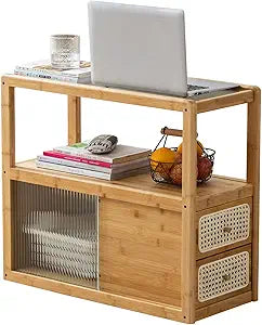 latifolia Bamboo Side Table with Rattan Drawer and Glass Top, Mid-Century Modern Nightstand with Storage, Space-Saving End Table for Bedroom, Living Room, Nature