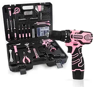 COMOWARE Pink Household Tool Set with 12V Cordless Drill Driver, Hand Tool Kit for Women, Power Drill Set with Plastic Toolbox, Ideal for Office, Garden, DIY Project