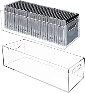 2 Pack DVD/CD Storage Box Acrylic Clear DVD Holder Case with Handles Stackable Storage Container Shelf Organizer Bin for CDs Video Games Cases Blu-Rays Books Booklets Countertop Cabinet Home Office