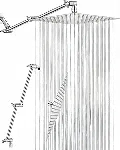 All Metal Rain Shower Head, 10'' High Pressure Rainfall Square Showerhead with 16" Shower Head Extension Arm, Stainless Steel Adjustable Shower Arm Extender, Waterfall fixed Showerheads, Chrome