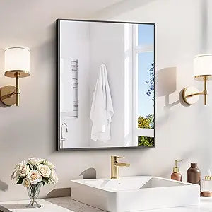 YIROMAN Bathroom Mirror 18"x24", Black Bathroom Mirrors for Over Sink with Aluminum Frame, Rectangular Vanity Mirror with Right Angle, Wall Mirror for Oversink, Vanity, Bedroom, Living Room
