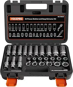 28Pcs Deep Bolt Extractor Set, Spark Plug Extractor Socket Set, with 3/8" Drive for Removing Damaged Rounded-Off Bolts, Nuts, Studs, Threaded Tubes