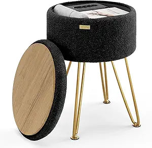 Round Ottoman with Storage, Boucle Storage Ottoman, Foot Stool Ottomans, Makeup Vanity Stool, Small Ottomans Foot Rest, Modern Vanity Stools for Living Room and Bedroom, Black