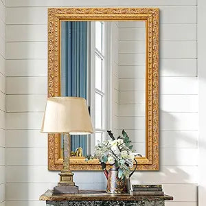 37"x25.2" Vintage Gold Decorative Wall Mirror, Bathroom Mirror for Wall, Bedroom/Entryway/Side Cabinet, Solid Wood Frame Decor with Foil Embossed Design
