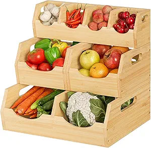 Upgraded 3 Tier Bamboo Pantry Storage Bins - Stackable Potato and Onion Storage Bin, Storage Baskets Airflow Vent Vegetable and Fruit Organizer with Handle, for Kitchen, Livingroom,Bathroom