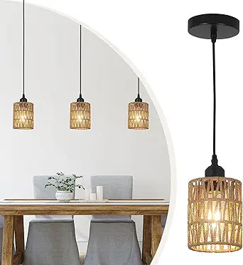 LAMSU 3 Pack Rattan Pendant Lights Kitchen Island, Farmhouse Pendant Lighting with Hand Woven Wicker Shade, Boho Chandelier Light Fixtures Ceiling Hanging for Dining Room Bedroom Foyer Hallway