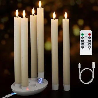 Rechargeable Flameless Taper Candles with Remote, Charging Base, 6 Pcs