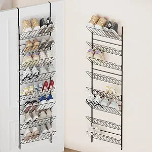 SWTYMIKI Over the Door Shoe Organizer - Adjustable 8 Tier Hanging Shoe Rack Organizer, Metal Heavy Duty Behind Door Storage or Wall Mount Shoes Shelf for Flats, Heels, Sneakers, Boots, Black